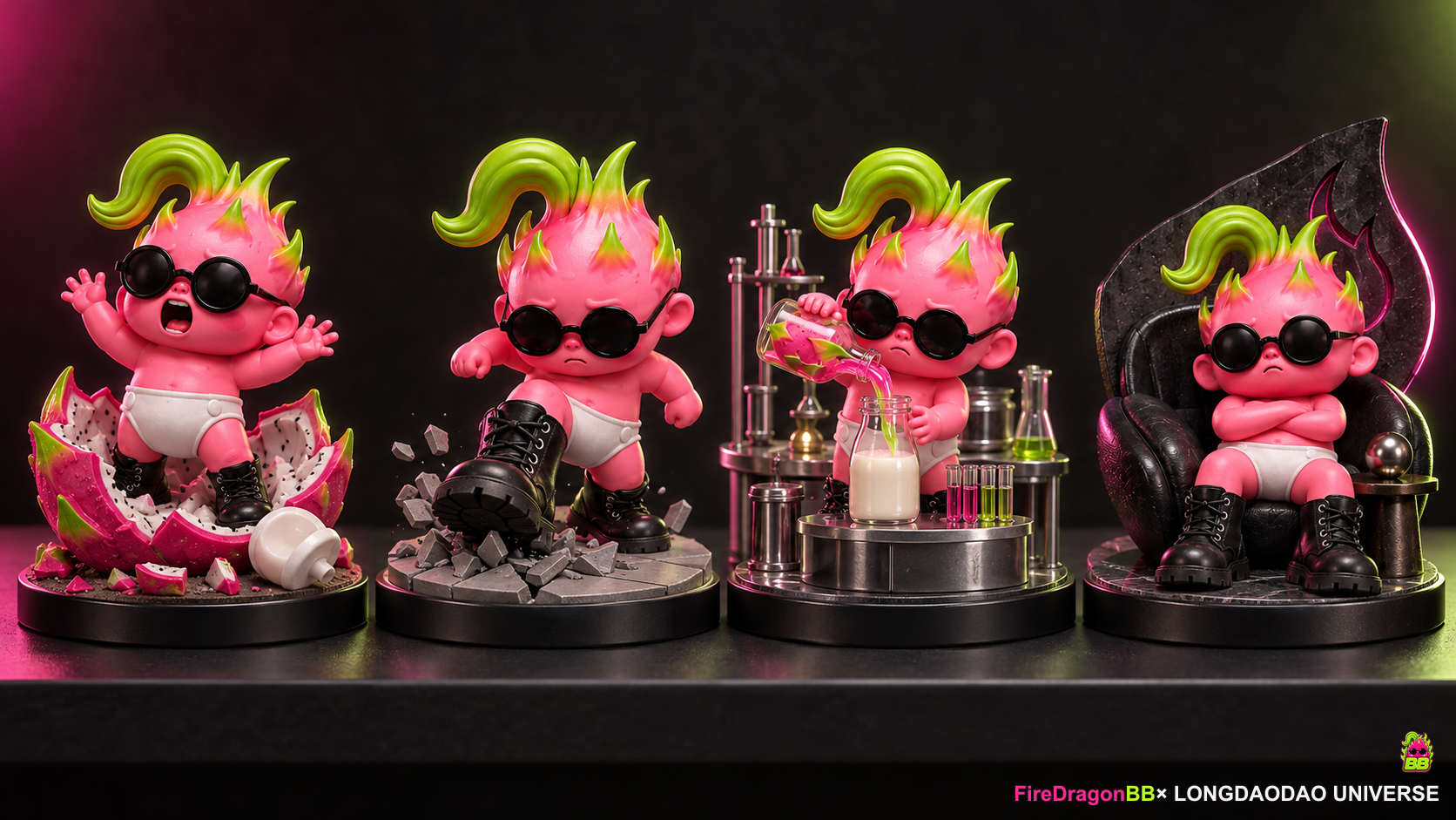 Four Fire Dragon BB miniature dioramas: birth, boots, bottle and a rebellious chair